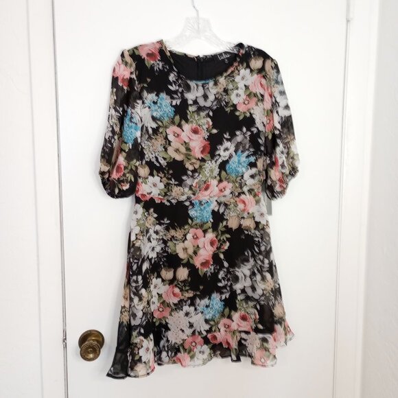 Lulu's Black Floral Chiffon Mini Dress - Picture 1 of 10